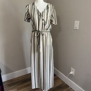 Naif Olive Green Striped Button Accent Maxi Dress Short Sleeve Belted Medium